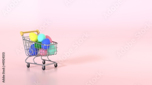 Happy Easter background. Easter eggs colorful in the shopping cart on pastel pink background. Festive concept. Copy space for Text. 3d rendering