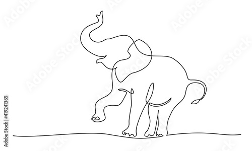Elephant walking and playing silhouette. One line drawing.