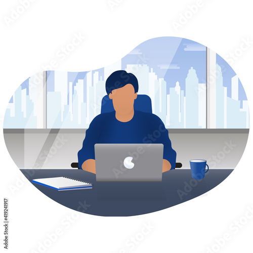 Office worker sits in chair at table and working on computer. . Vector illustration.