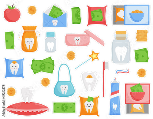 A set of stickers on the theme of a fallen tooth. The tooth is in a bag, boxes, cones, jars. Decorative elements for certificates. Children's dentistry. Flat style, isolated on a white background
