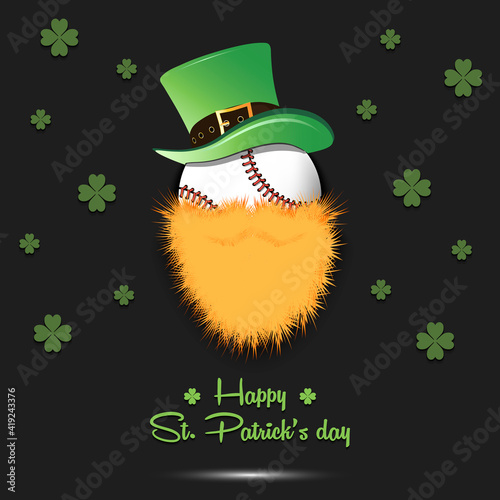 Happy St. Patricks day. Leprechaun in the form of a baseball ball. Baseball ball with beard and leprechaun hat. Greeting card design template. Vector illustration