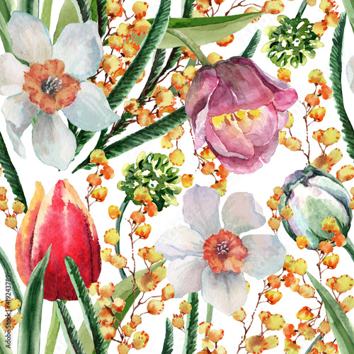 Seamless pattern of spring tulip flowers, daffodils, mimosa branches with buds and green leaves. Hand drawn watercolor painting on white background for textiles, fabrics, prints, packaging, wallpaper. © Pavla aquarelle