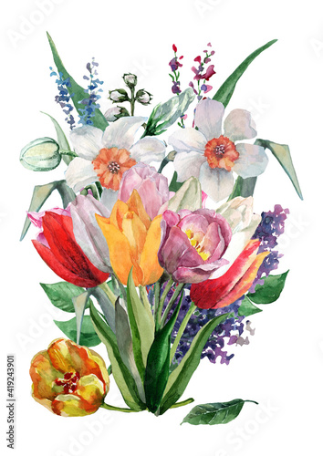 Spring flowers in a bouquet of daffodils, tulips with buds, hyacinth, lilac branches with green leaves. Hand drawn watercolor painting on white background for cards, wedding invitations, print.