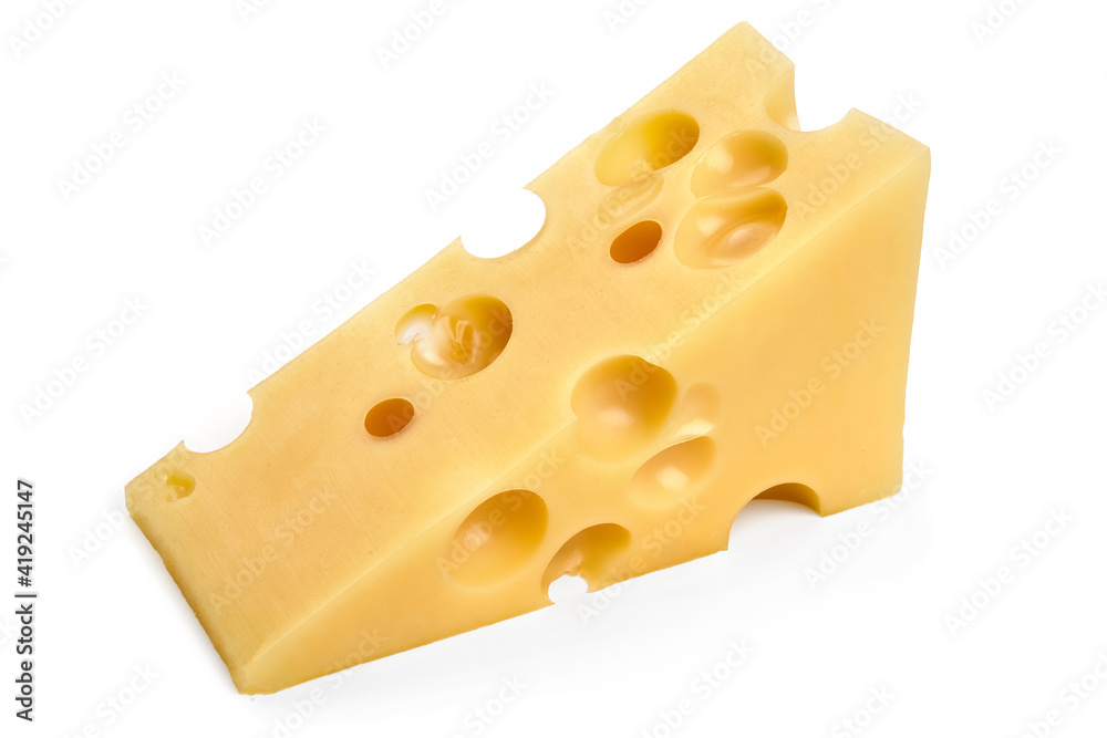 Emmental cheese triangle, Swiss cheese, isolated on white background