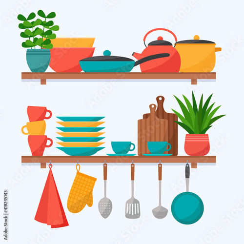 Kitchen shelves with cooking tools. Set of kitchen utensils, vector illustration
