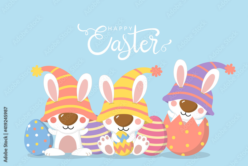 Naklejka premium Happy Easter Day greeting card with eggs and bunny in gnomes costume. Cute rabbit in yellow hat. Animal holidays cartoon. -vector