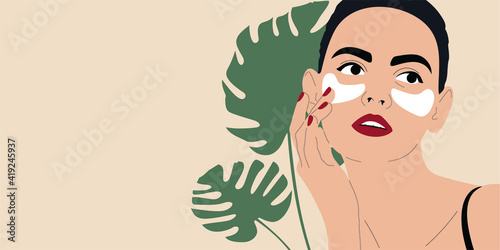 Portrait of beautiful young woman with cosmetic patches under the eyes. Girl uses patches. Skin care concept vector illustration.
