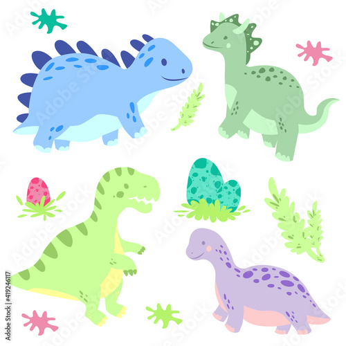 Cartoon cute dinosaurs set in vector . Colorful baby illustration with funny dino character