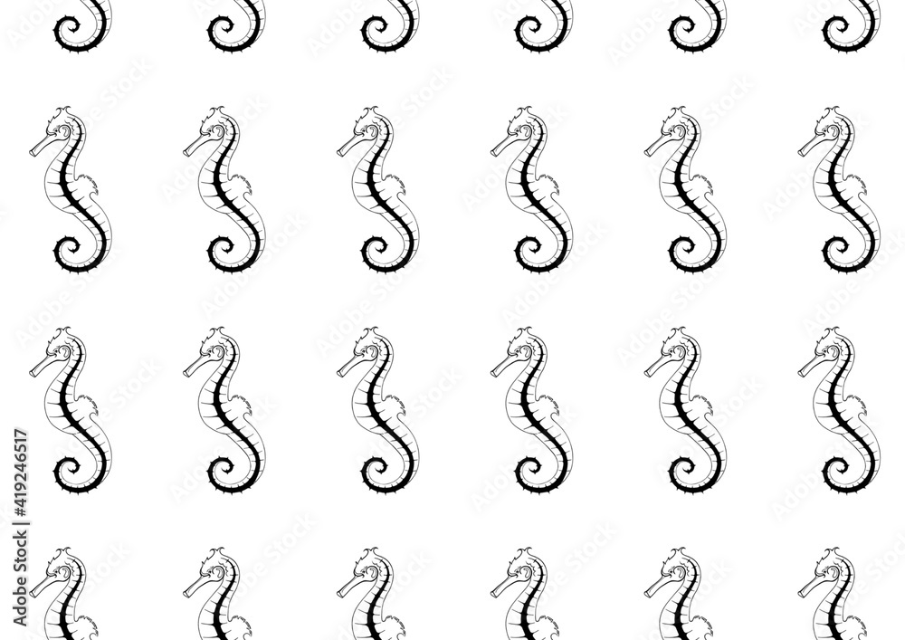 Fototapeta premium Seamless black and white line art pattern, seahorse.