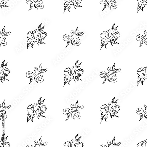 Doodle simple vector seamless pattern of hand-drawn peonies. Seamless random pattern of hand-drawn peonies. Isolated on white background.