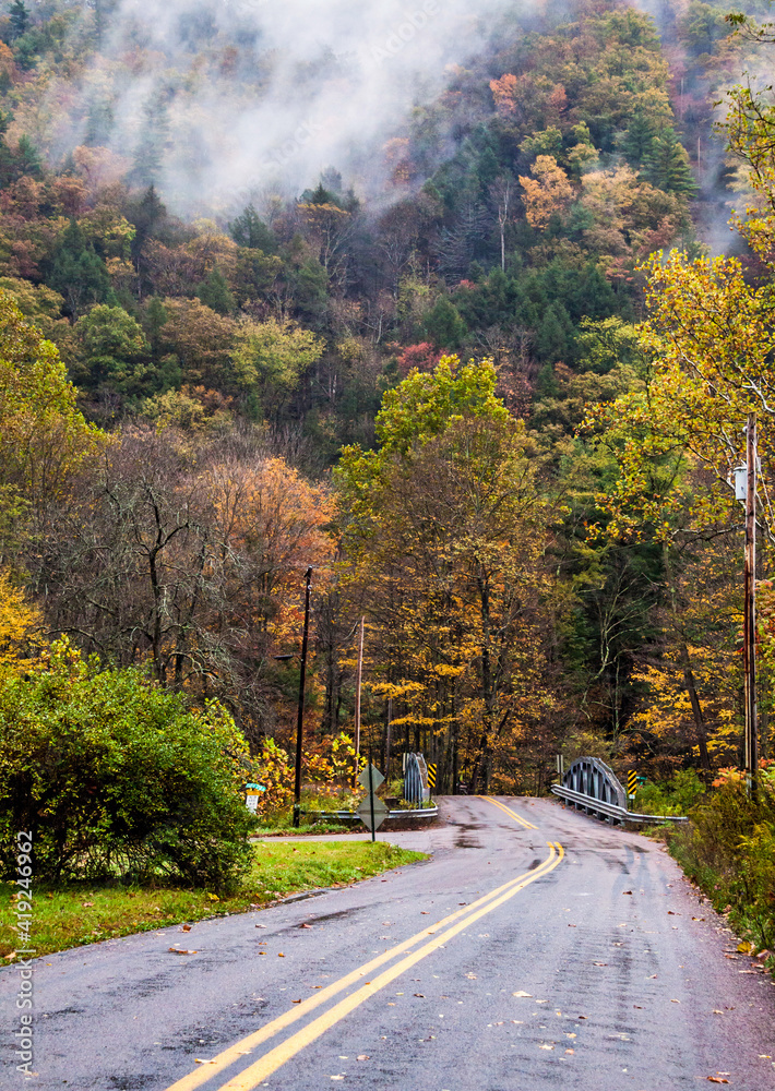 Obraz premium road trip on open road and highway traversing vibrant autumn woods