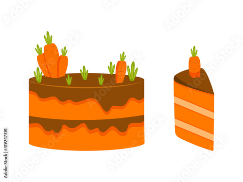 Carrot cake whole and slice. Vector illustration.