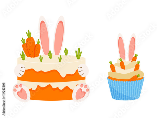 Carrot cake and cupcake with bunny ears. Vector illustration.