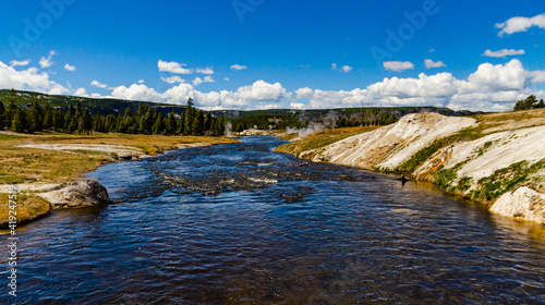 River with warm water in the valley of the Yellowstone National Park