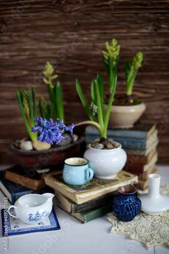 still-life with blooming hyacinths, old books and vintage ware
