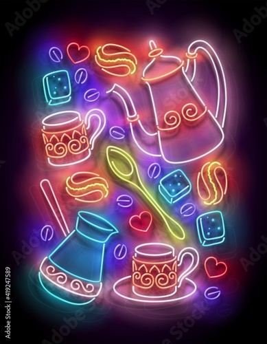 Glow Different Types of Coffee. Cafe Label. Cappuccino, Espresso, Americano, Turkish. Neon Poster, Flyer, Banner, Invitation. Glossy Background. Vector 3d Illustration