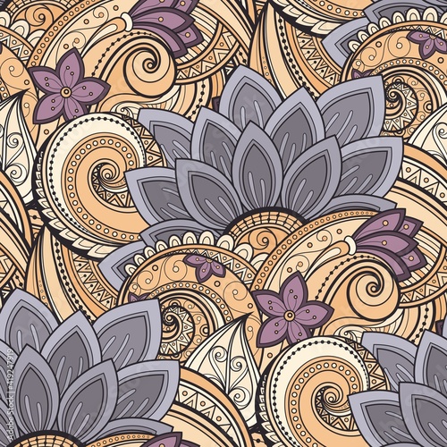 Seamless Pattern with Vintage Floral Motifs. Endless Texture with Flowers and Leaves. Nature Inspired Ornament. Swatch for Fabric Textile, Wrapping Paper, Wallpaper. Vector Contour Illustration