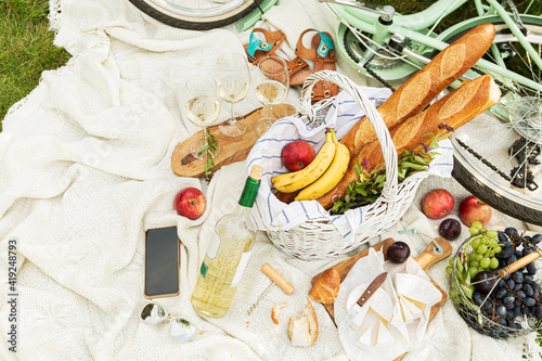 Summer - french style outdoor picnic in the garden. Wicker basket, food and wine.