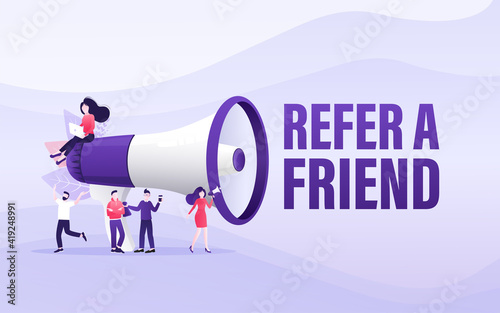 Flat icon with megaphone people refer friend. Poster, banner. Flat isometric vector illustration. 3d vector illustration.