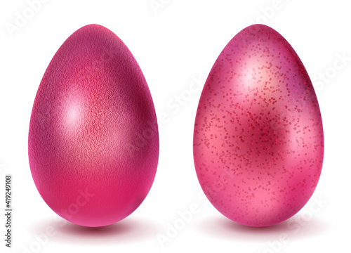 Two realistic Easter eggs with different surface texture in red colors. With shadow on white background