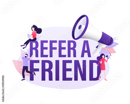 Flat icon with megaphone people refer friend. Poster, banner. Flat isometric vector illustration. 3d vector illustration.