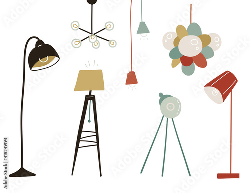 Set of lighting lamp illustration. hand drawn floor lamp, pendant. Scandinavian interior design elements. Flat vector hand drawn illustration.