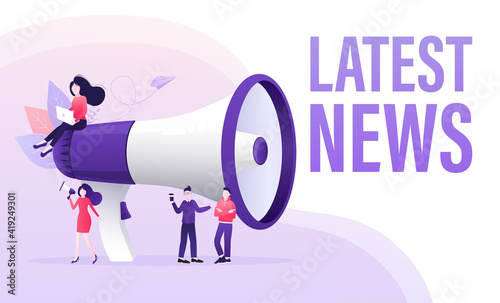 Flat template with megaphone people latest news for flyer design. Breaking news concept. Flat vector illustration. photo
