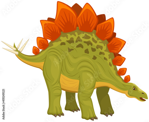 Vector illustration of a standing stegosaurus dinosaur against a white background.