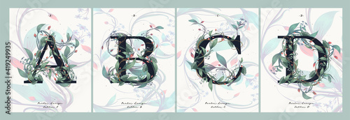 ABCD letters in flowers and leaves. Vector floral background. Postcard with text, branches, foliage and flowers on a light background. Poster, invitation, postcard or cover.