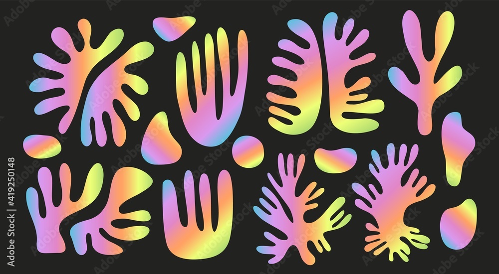 Gradient holographic Matisse shapes. Abstract neon leaves pattern, botanical collage, creative floral elements in vector