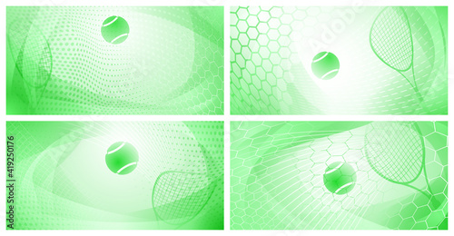 Set of four abstract tennis backgrounds with ball and racket in light green colors