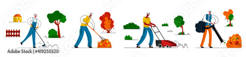Vector flat illustration with set of characters, gardeners at work in yard, country, parks. Concept lawn care with lawn mower, cleaning autumn foliage by hand, equipment.
