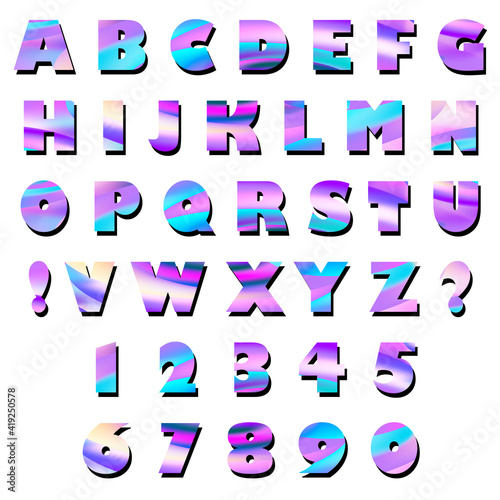 Capital letters of the Latin alphabet, exclamation, question marks and numbers: 1, 2, 3, 4, 5, 6, 7, 8, 9, 0. Raster set of isolated elements with gradient rainbow hologram fill and shadow.