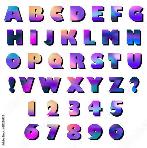 Latin capital letters  exclamation  question marks and numbers  1  2  3  4  5  6  7  8  9  0. Vector set of elements with gradient rainbow hologram fill and shadow.