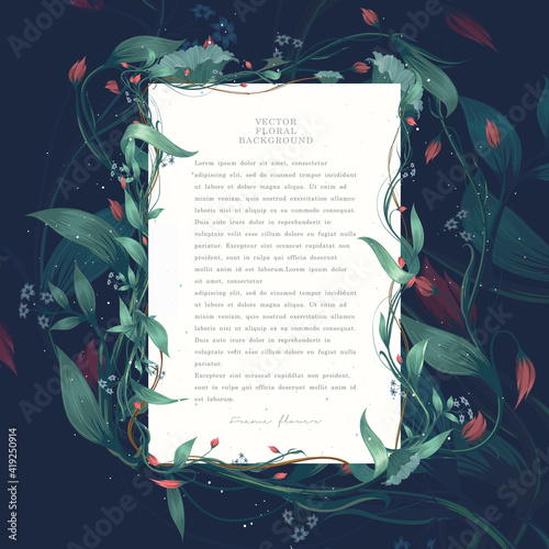 Vector floral background. Postcard with text, branches, foliage and flowers on dark background. Poster, invitation, postcard or cover.