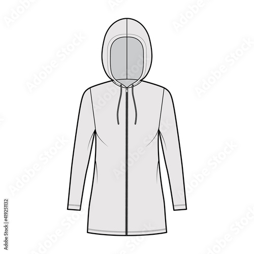 Zip-up Hoody dress technical fashion illustration with long sleeves, mini length, oversized body, Pencil fullness. Flat apparel template front, grey color style. Women, men, unisex CAD mockup