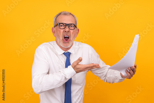 businessman with documents protesting isolated photo