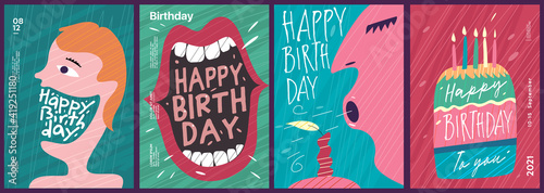 Set of vector birthday cards. Funny postcards, mouth and the inscription - Happy Birthday. A man blows out a candle. Cake with candles.