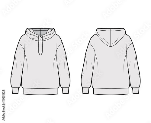 Hoody sweatshirt technical fashion illustration with long sleeves, oversized body, banded cuff, hem, drawstring. Flat garment apparel template front, back, grey color style. Women, men, unisex mockup