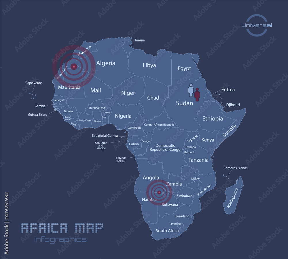 Africa map, with names of individual states, infographics blue flat design vector Africa map, with names of individual states, infographics blue flat design vector