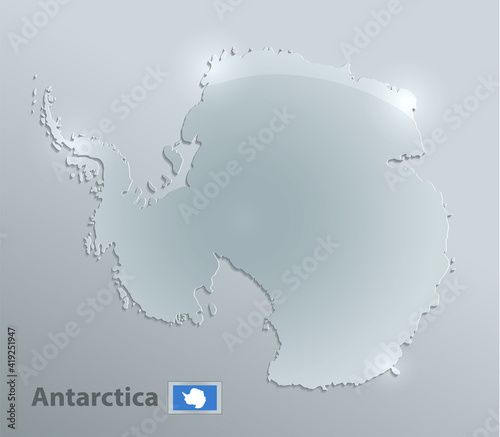 Antarctica map and flag, glass card paper 3D vector