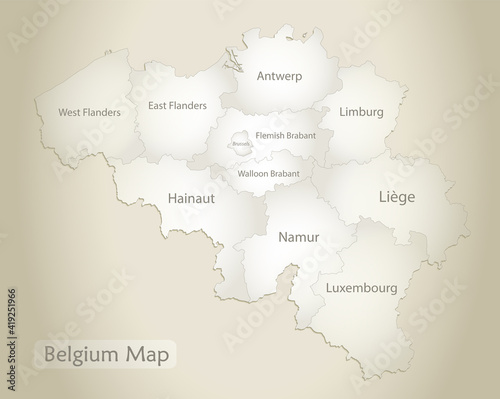 Belgium map, administrative division with names, old paper background vector
