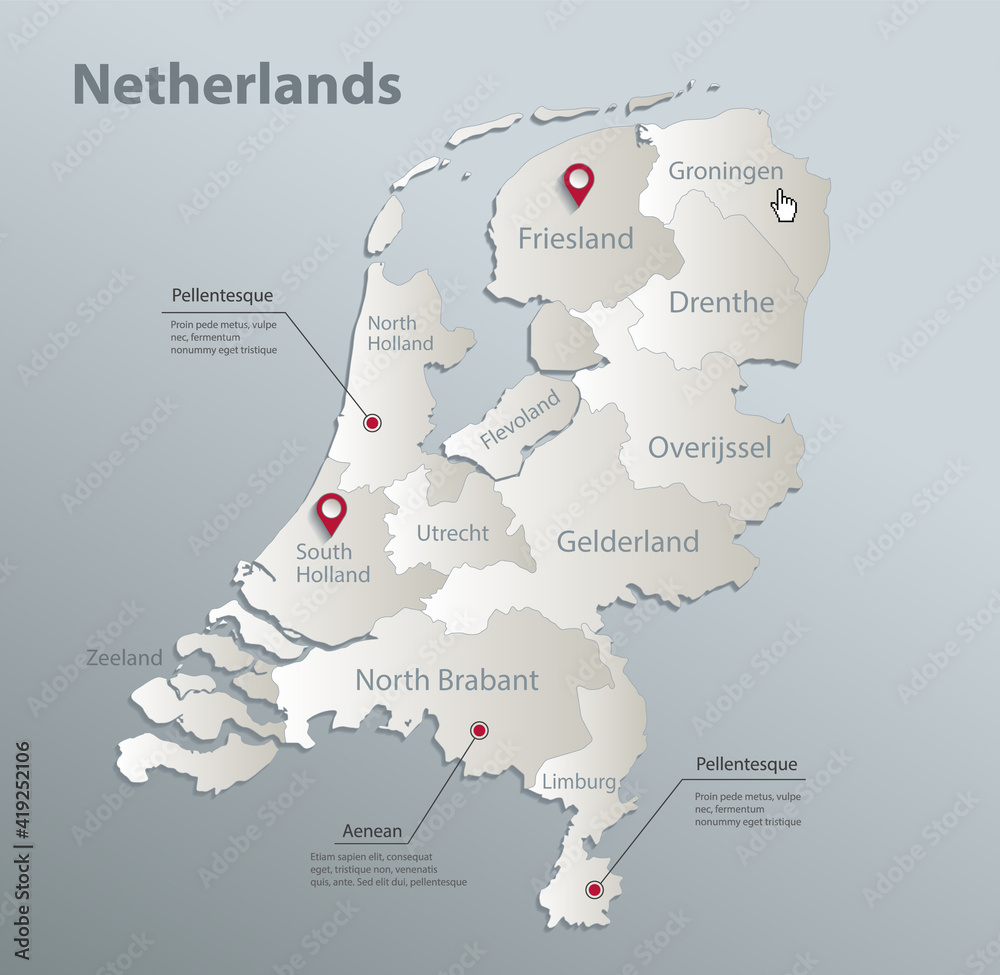 Netherlands map, administrative division with names, blue white card