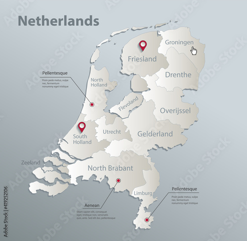 Netherlands map, administrative division with names, blue white card paper 3D vector