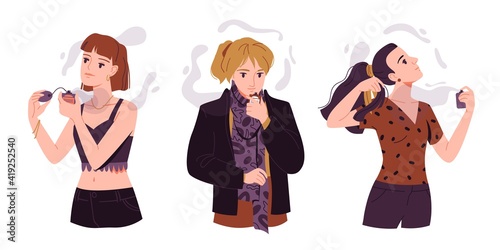Choosing a suitable perfume flat illustration. The girl applies perfume to the body. Fashion character set. Women's attributes of beauty.