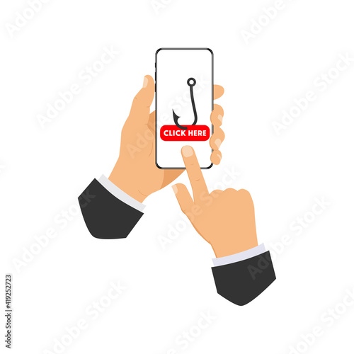 Clickbait. Smartphone with fishing hook and the button on the screen Click Here. Vector illustration.