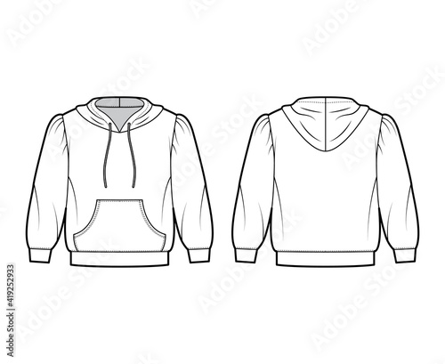 Hoody sweatshirt technical fashion illustration with elbow sleeves, relax body, kangaroo pouch, banded hem, drawstring. Flat apparel template front, back, white color. Women, men, unisex CAD mockup