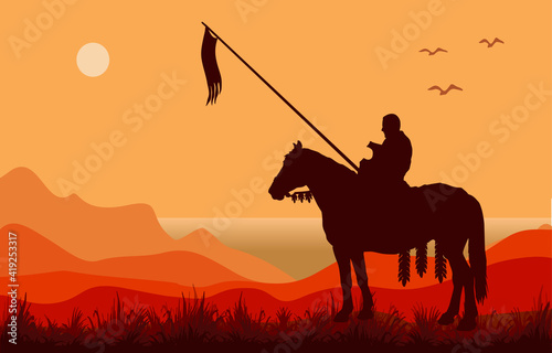 Dark silhouette of medieval knight on horseback, against the sky