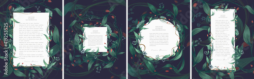 Vector floral background. Postcard with text, branches, foliage and flowers on dark background. Poster, invitation, postcard or cover.