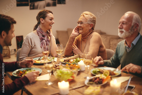 Cheerful family communicating during a meal at dining table.